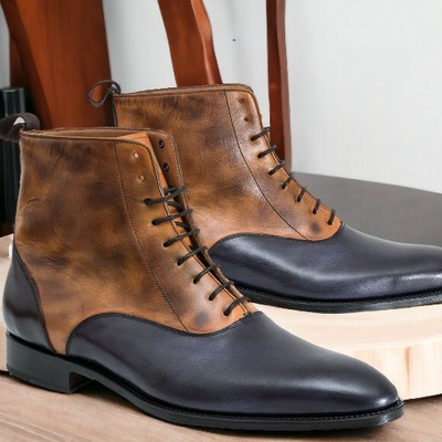Handmade two tone leather lace up ankle high boot