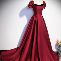 Burgundy Satin Long Prom Dress, Off the Shoulder Evening Party Dress - Thumbnail 1