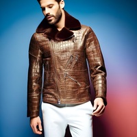 New Handmade Pure Brown Crocodile Textured Leather Winter Fashion Jacket Men’s Styles - Thumbnail 1