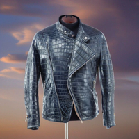New Handmade Pure Blue Crocodile Textured Leather Winter Fashion Jacket Men’s Styles - Thumbnail 1
