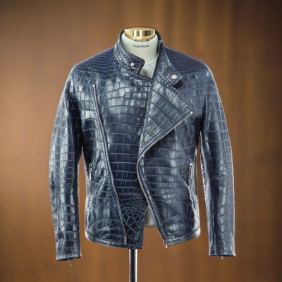 New handmade pure blue crocodile textured leather winter fashion jacket men’s styles