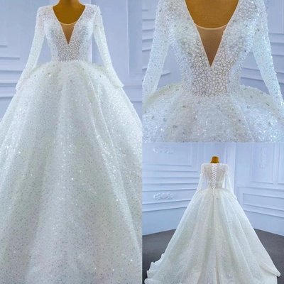 Luxurious pearl long sleeve a-line wedding dress