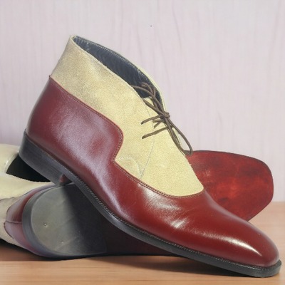 Handmade men's two tone laceup leather & suede  ankle boot - Thumbnail 2