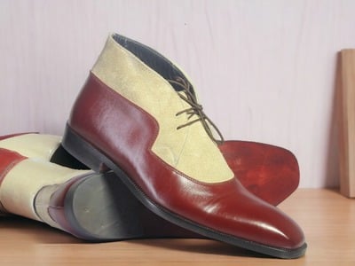 Handmade Men's Two tone Laceup Leather & Suede  Ankle Boot