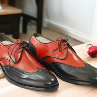 Handmade Two tone Leather Lace up Wing tip Shoes - Thumbnail 1