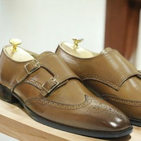 Handmade Men's Two Buckle Leather Wing tip Dress Shoes - Thumbnail 1