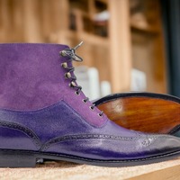 Handmade Men's Two tone Laceup Leather & Suede WingTip Brogue Ankle Boot - Thumbnail 1