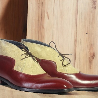 Handmade men's two tone laceup leather & suede ankle boot - Thumbnail 2