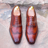 New Men Brown Leather Brogue Shoes Men Dress Shoes Lace Up Formal Wingtip Shoes - Thumbnail 2