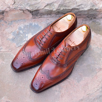 New Men Brown Leather Brogue Shoes Men Dress Shoes Lace Up Formal Wingtip Shoes - Thumbnail 3
