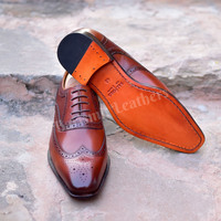 New Men Brown Leather Brogue Shoes Men Dress Shoes Lace Up Formal Wingtip Shoes - Thumbnail 6