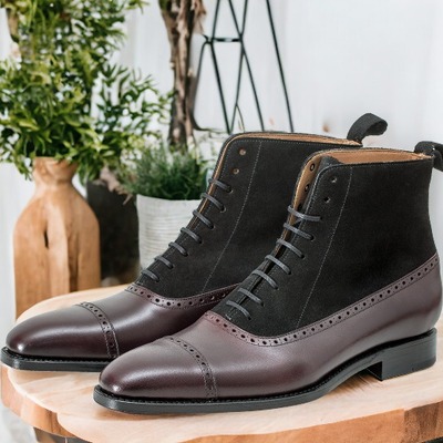 Handmade men's two tone laceup leather & suede quarter ankle boot