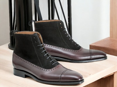 Handmade Men's Two tone Laceup Leather & Suede Quarter Ankle Boot