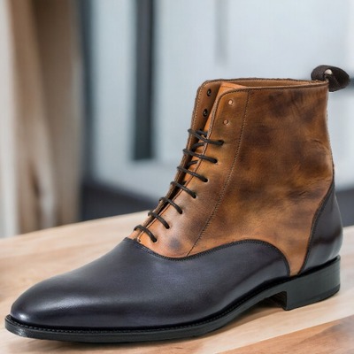Handmade two tone leather lace up ankle boot