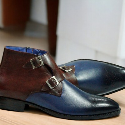 Handmade men's three tone leather two buckle derby boot