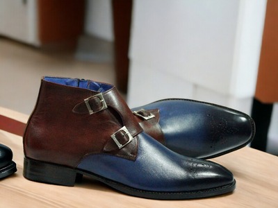 Handmade Men's Three tone Leather Two Buckle Derby Boot