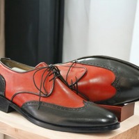Handmade Two tone Leather Lace up Wing tip Shoes - Thumbnail 1