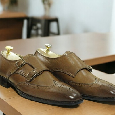 Handmade men's two buckle leather wing tip dress shoes