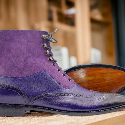 Handmade men's two tone laceup leather & suede brogue ankle boot - Thumbnail 1