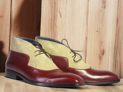Handmade Men's Two tone Laceup Leather & Suede  Ankle Boot
