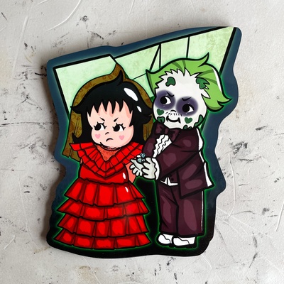 Beetlejuice and Lydia Woodcut