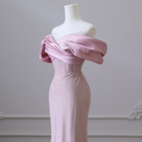 Flesh Pink Sequin Evening Gown Elegant Women's Off Shoulder Party Prom Evening Gown - Thumbnail 2