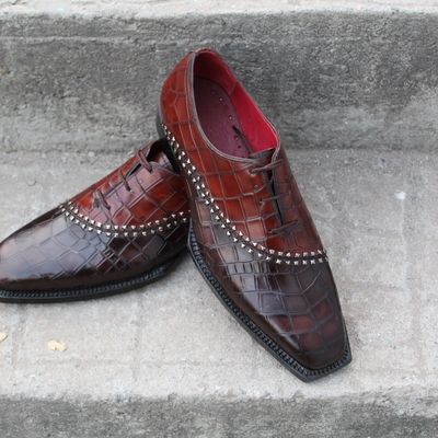 Crafted leather luxury handmade mens unique brown crocodile texture leather alligator dress fashion oxford shoes - Thumbnail 5