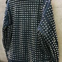 Crafted Leather New Mens Punk Rock Full Silver Studded Patches Black Leather Jacket - Thumbnail 1