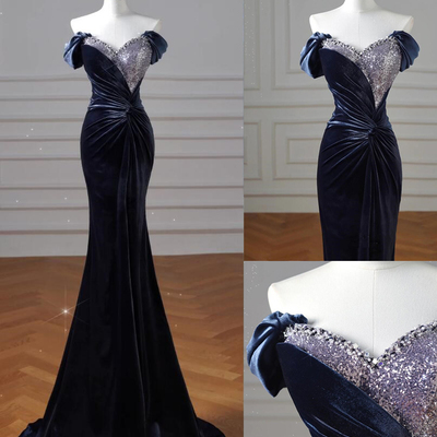 Dark blue stretch ding mermaid evening gown sweetheart pleated long ball gown beaded women's pageant gown