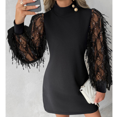 Round Neck Long Sleeves Bead Tablet Splicing Dress