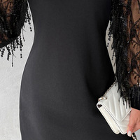 Round Neck Long Sleeves Bead Tablet Splicing Dress - Thumbnail 2