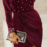 Women'S Clothing Bubble Beads V-Neck Velvet Long Sleeve Dress - Thumbnail 2