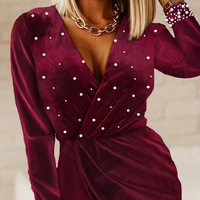 Women'S Clothing Bubble Beads V-Neck Velvet Long Sleeve Dress - Thumbnail 3