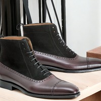 Handmade Men's Two tone Laceup Leather & Suede Quarter Ankle Boot - Thumbnail 1