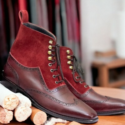 Handmade men's two tone leather & suede wing tip lace up ankle boot - Thumbnail 1