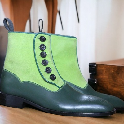 Handmade men's two tone leather & suede side button ankle boot, button boots - Thumbnail 1