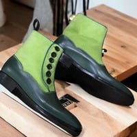 Handmade Men's Two tone Leather & Suede Side Button Ankle Boot, Button Boots - Thumbnail 1