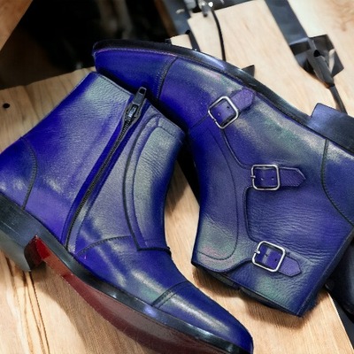 Handmade men's blue leather three buckle side zipper boot - Thumbnail 1