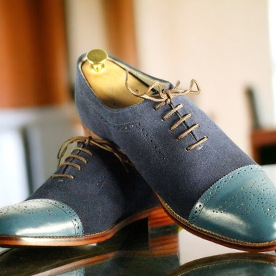 Handmade men's two tone laceup captoe leather & suede shoes - Thumbnail 1