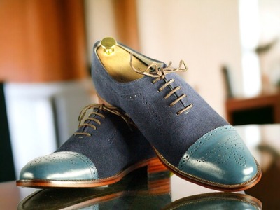 Handmade Men's Two tone Laceup CapToe Leather & Suede Shoes