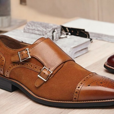 Handmade two buckle leather & suede cap toe dress shoes - Thumbnail 1