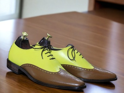 Handmade Men's Two tone Leather Wing tip Lace up Dress Shoes