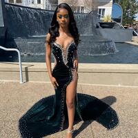 Sexy Dark Green Black Beaded Prom Dresses With High Split - Thumbnail 1