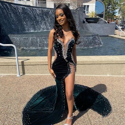 Sexy dark green black beaded prom dresses with high split - Thumbnail 2