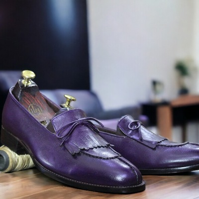Handmade men's purple leather tassle fringe loafer shoes - Thumbnail 1