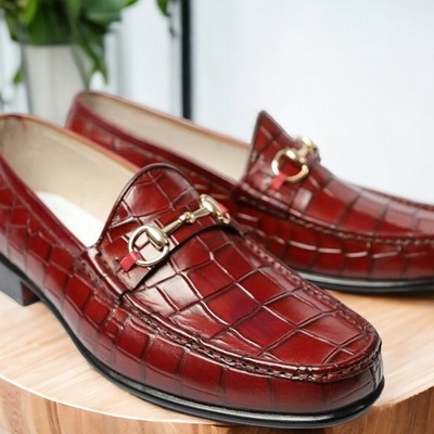 Handmade men's red alligator leather horse bit slip on loafer shoes - Thumbnail 2