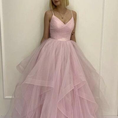 A line straps pink tulle prom dress evening dress