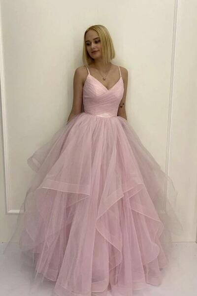 A Line Straps Pink Tulle Prom Dress Evening Dress