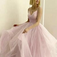 A Line Straps Pink Tulle Prom Dress Evening Dress - Thumbnail 1