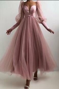 Elegant A Line Pink Long Sleeve Prom Dresses For Women
